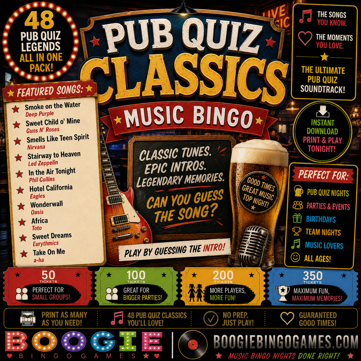 Pub Quiz Classics Music Bingo - Available in 50, 100, 200 and 350 Ticket Options