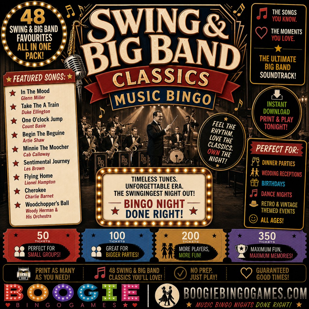 Swing & Big Band Classics Music Bingo - Available in 50, 100, 200 and 350 Ticket Options