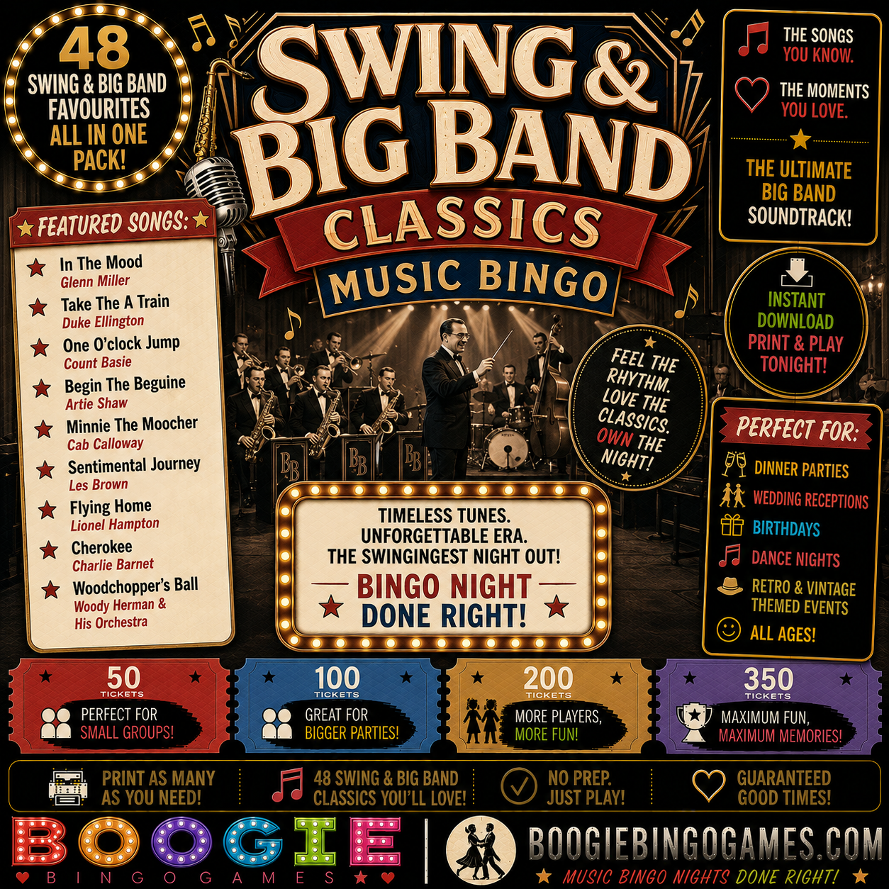 Swing & Big Band Classics Music Bingo - Available in 50, 100, 200 and 350 Ticket Options
