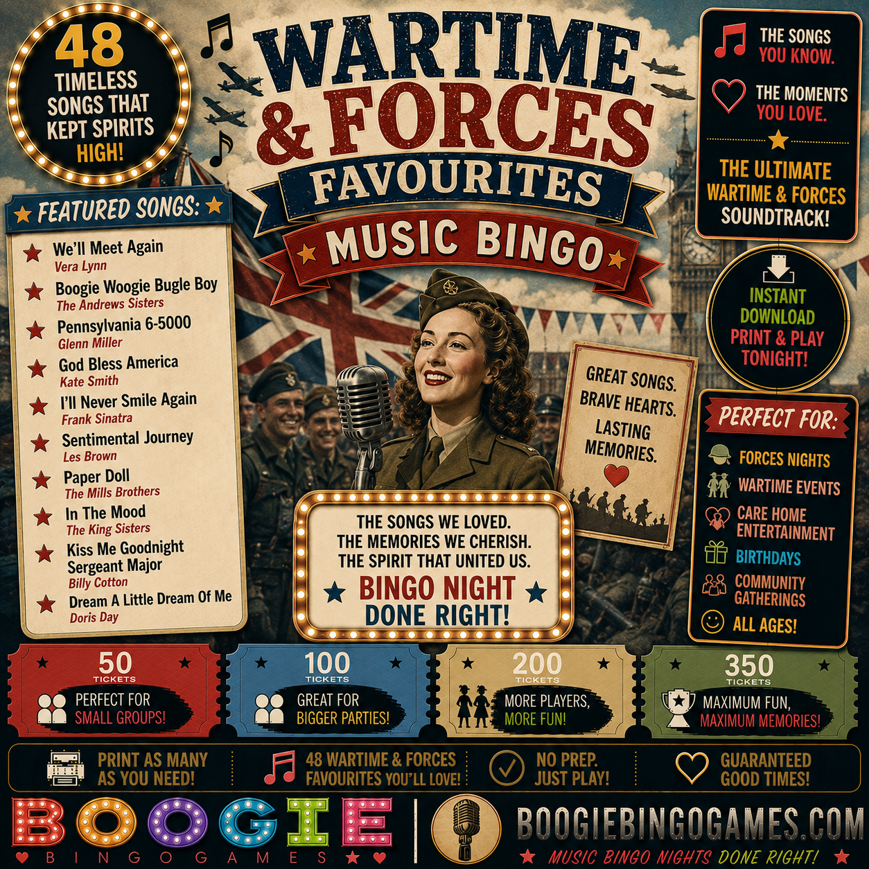 Wartime & Forces Favourites Music Bingo - Available in 50, 100, 200 and 350 Ticket Options