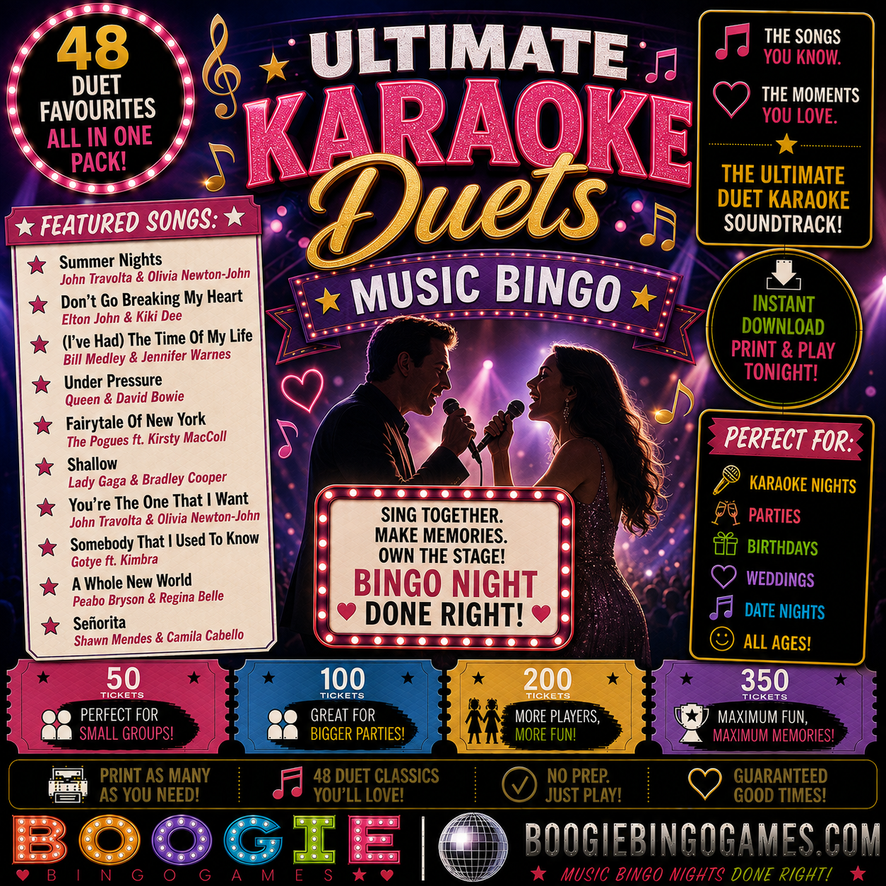 Ultimate Karaoke Duets Music Bingo - Available in 50, 100, 200 and 350 Ticket Options