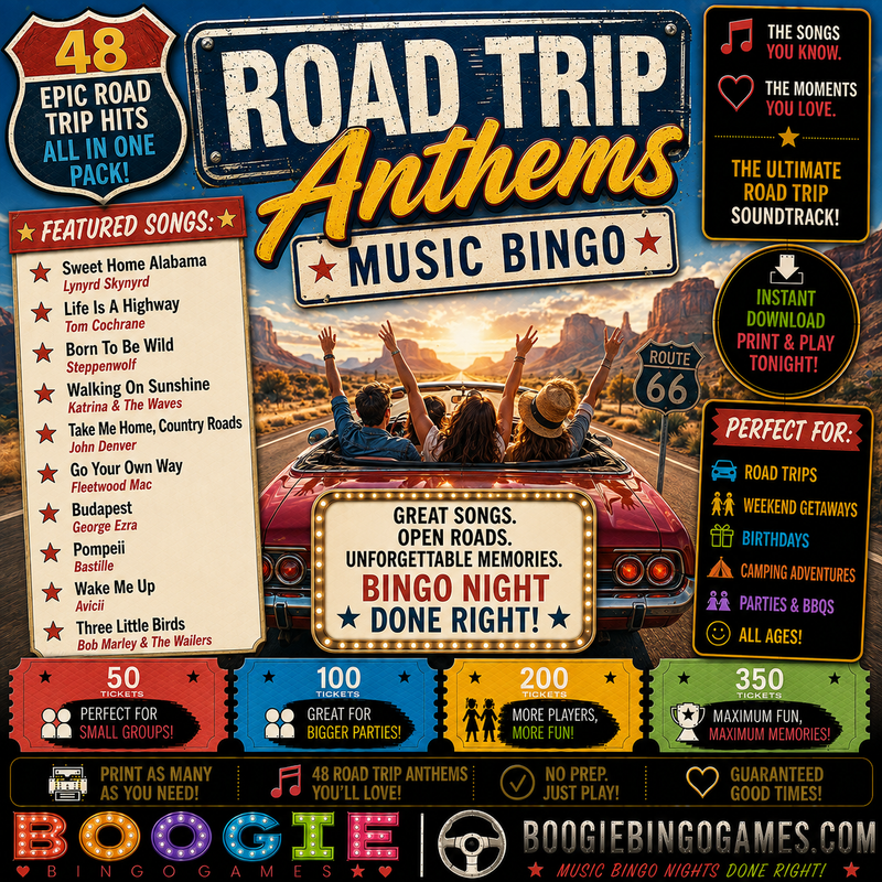 Road Trip Anthems Music Bingo - Available in 50, 100, 200 and 350 Ticket Options