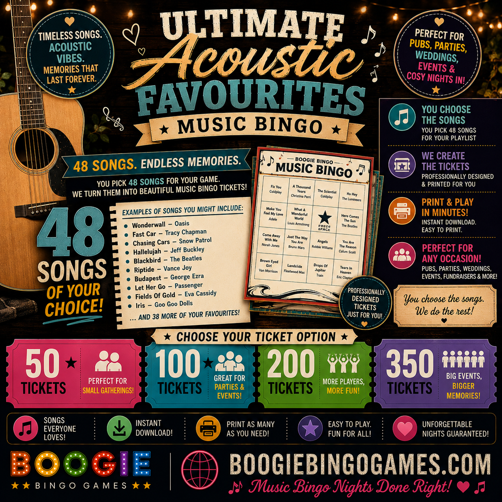 Ultimate Acounstic Favourites Musci Bingo in 50, 100, 200 and 350 Ticket Options