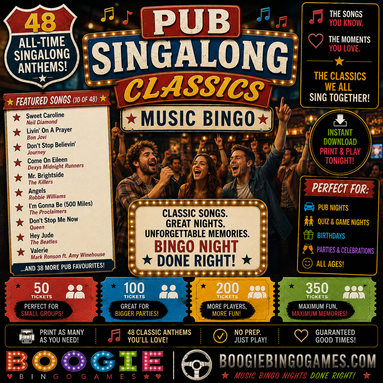 Pub Singalong Classics Music Bingo in 50, 100, 200 and 350 Ticket Options