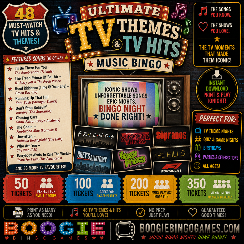 Ultimate TV Themes &amp; TV Hits Music Bingo Game - 50, 100, 200 and 350 Ticket Options