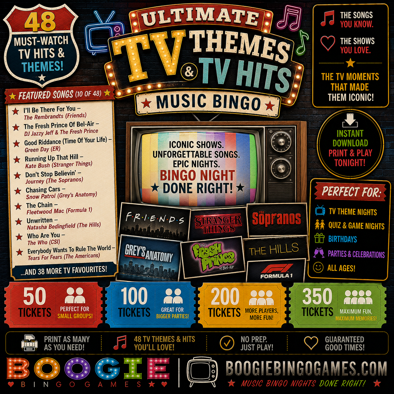 Ultimate TV Themes &amp; TV Hits Music Bingo Game - 50, 100, 200 and 350 Ticket Options