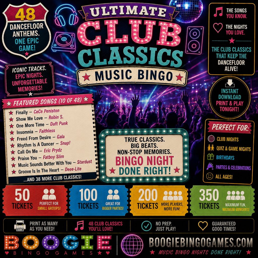 Ultimate Club Classics Music Bingo in 50, 100, 200 and 350 Ticket Options