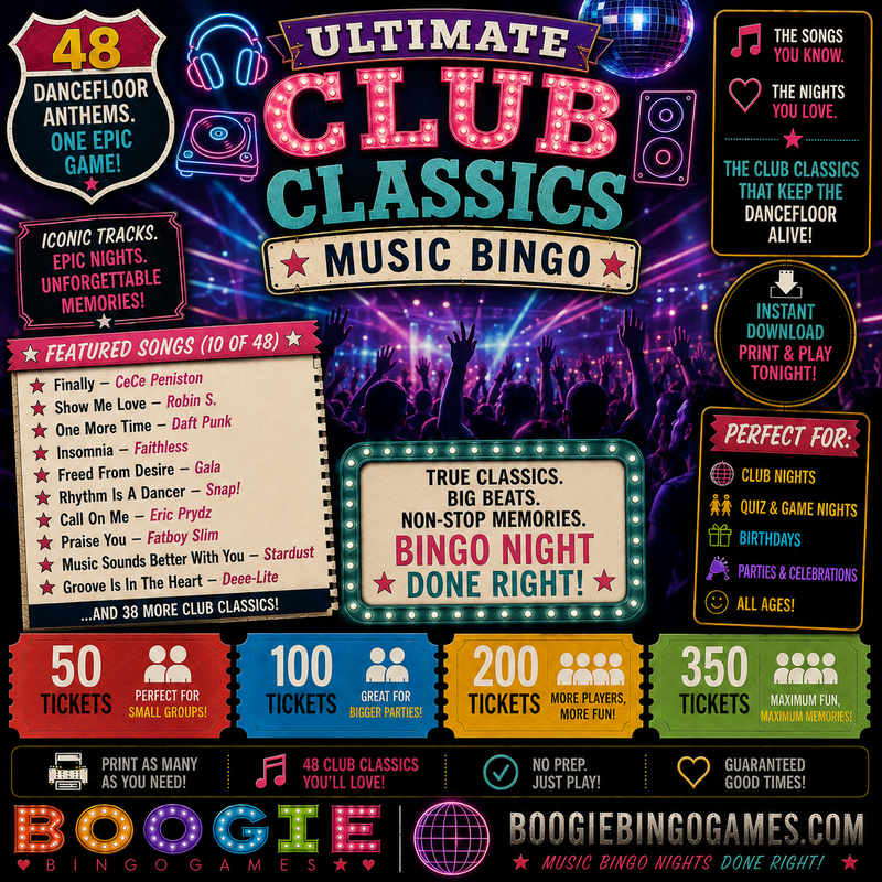 Ultimate Club Classics Music Bingo in 50, 100, 200 and 350 Ticket Options
