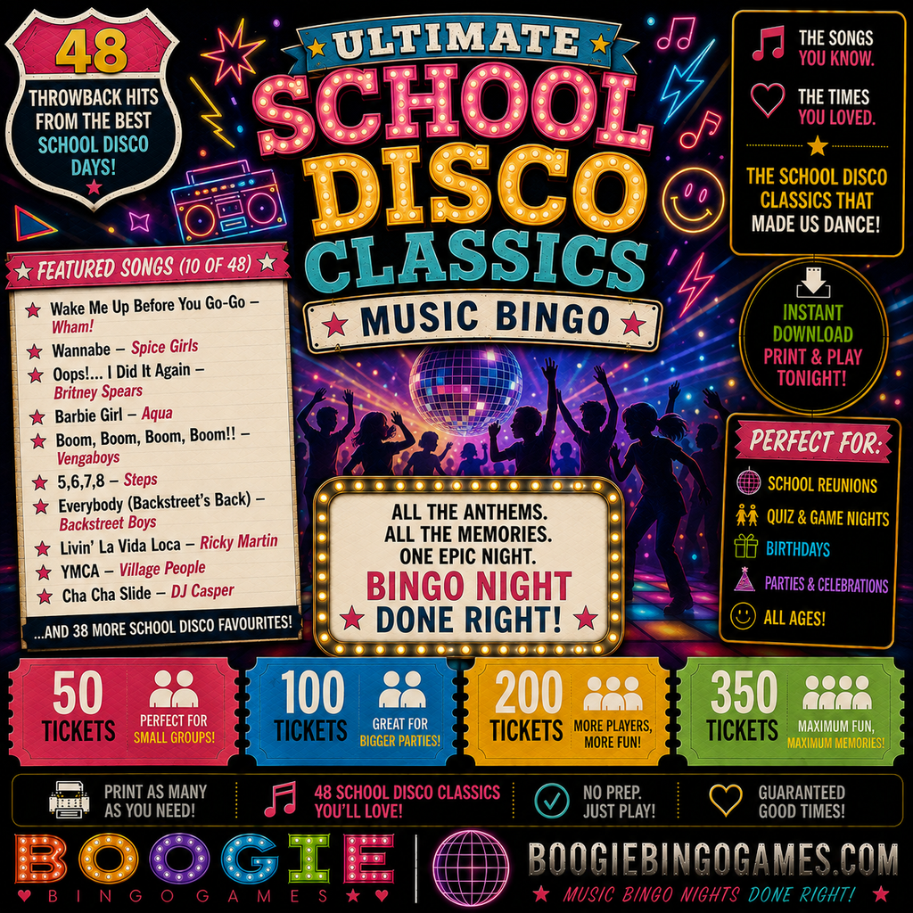 School Disco Classics Music Bingo in 50, 100, 200 and 350 Ticket Options