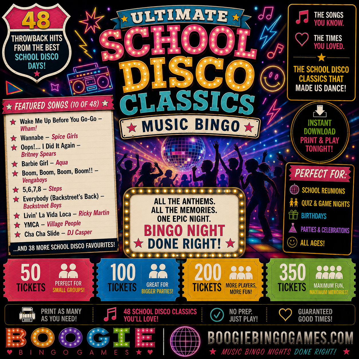 School Disco Classics Music Bingo in 50, 100, 200 and 350 Ticket Options