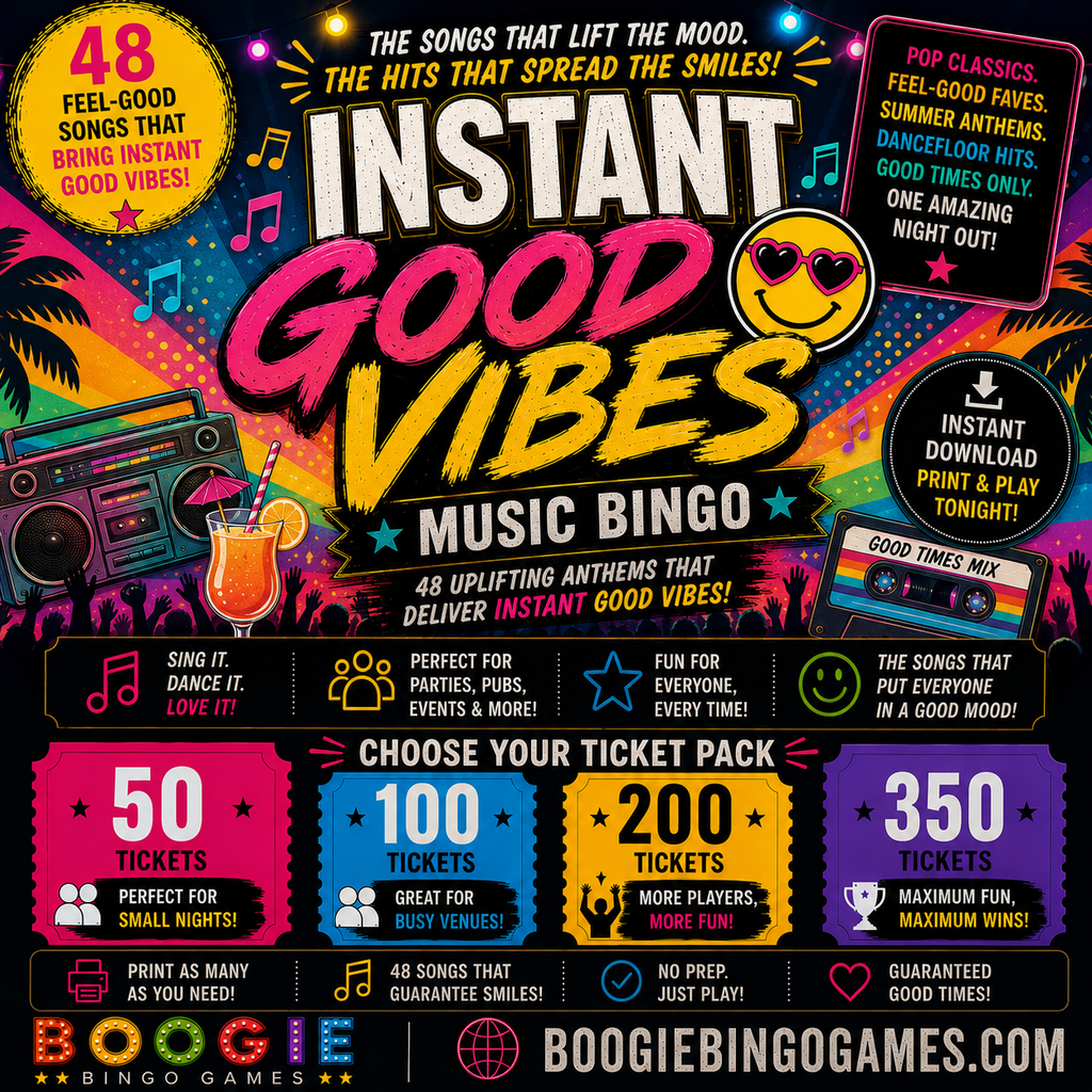 Instant Good Vibes Music Bngo - Available in 50, 100, 200 and 350 Ticket Options
