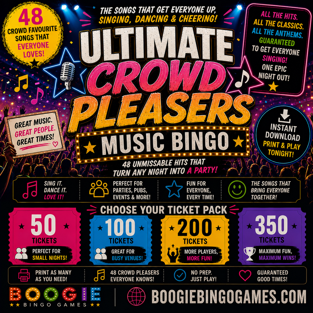 Ultimate Crowd Pleasers Music Bingo In 50, 100, 200 and 350 Ticket Options