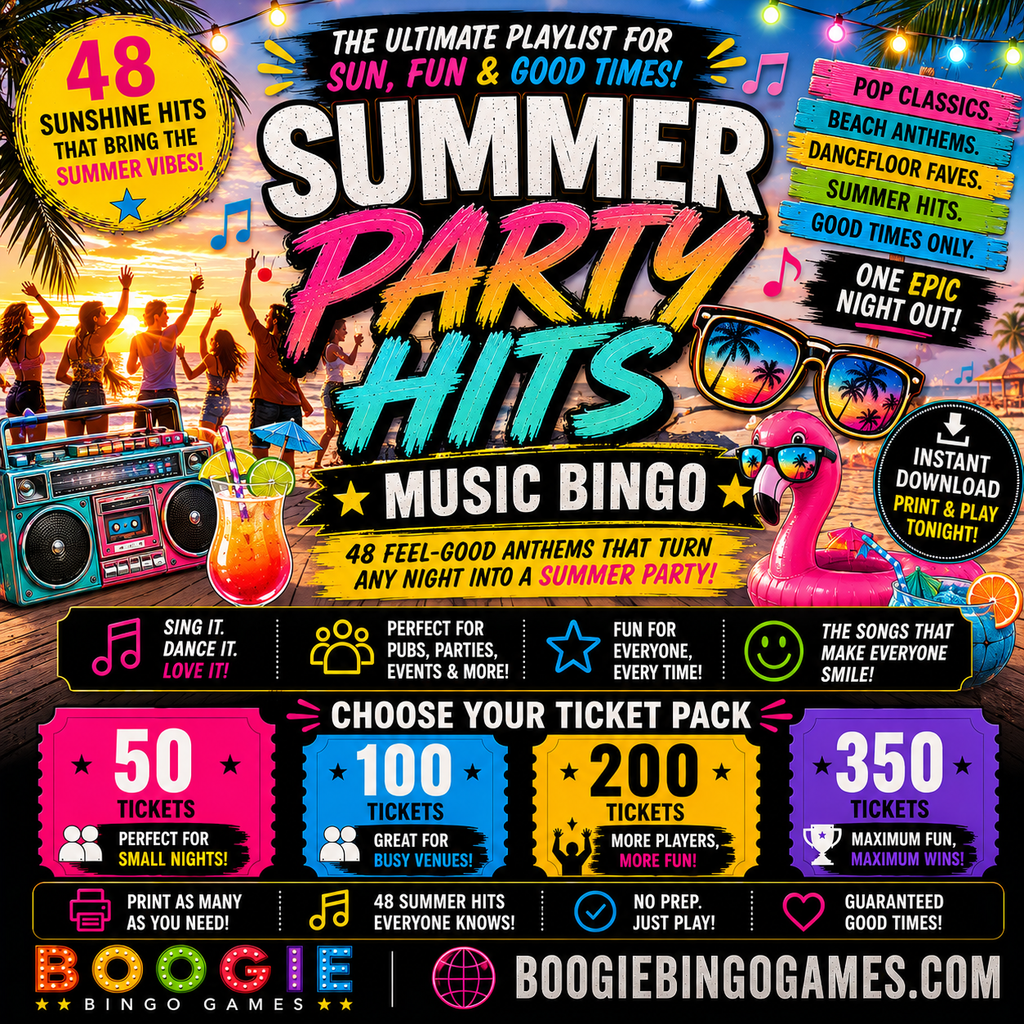 Summer Party Hits Music Bingo In 50, 100, 200 and 350 Ticket Options