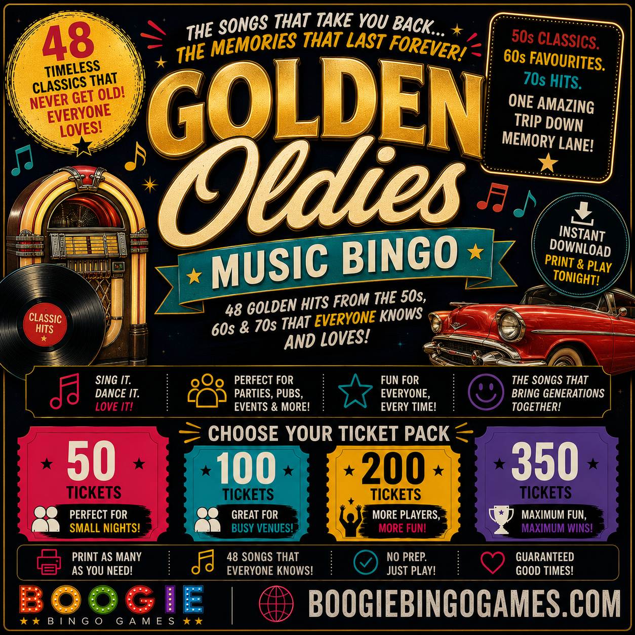 Golden Oldies Music Bingo In 50, 100, 200 and 350 Ticket Options