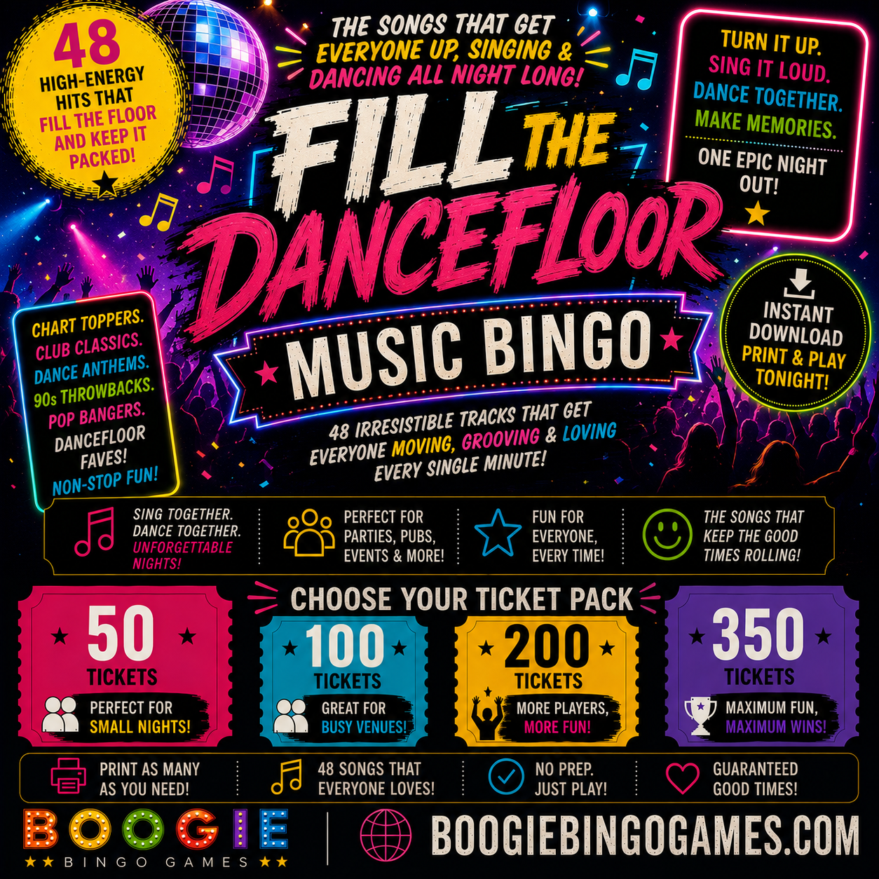 Fill The Dancefloor Music Bingo in 50, 100, 200 and 350 Ticket Options