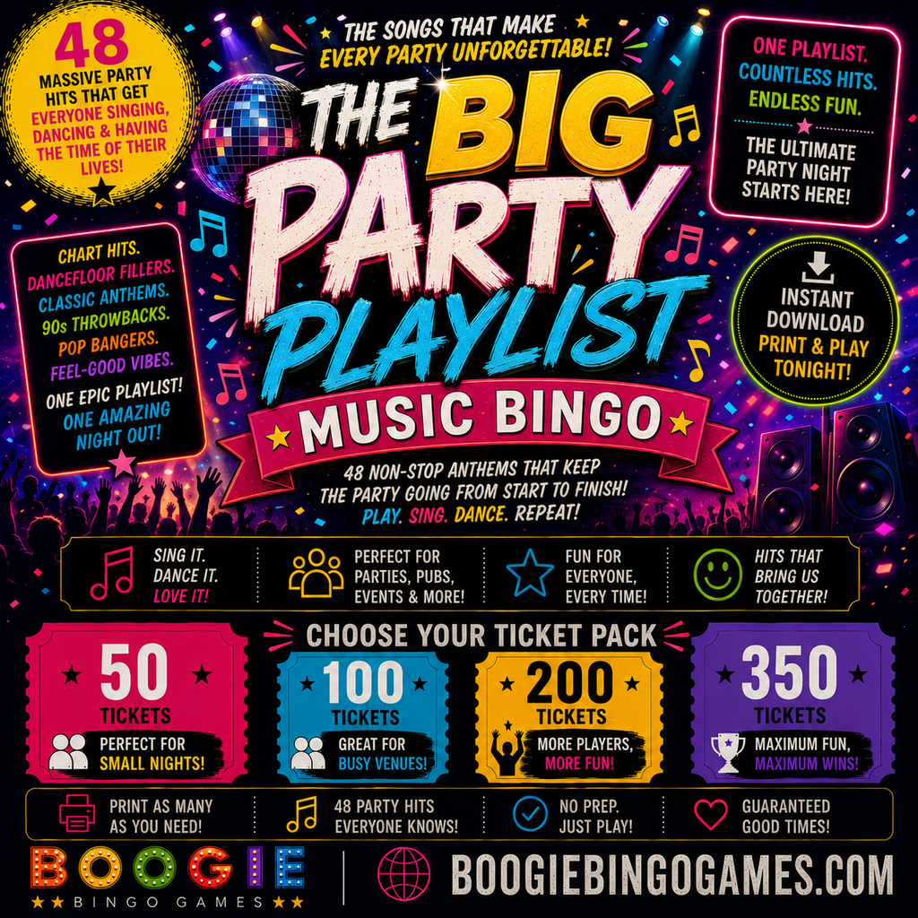 The Big Party Playlist Music Bingo in 50, 100, 200 and 350 Ticket Options