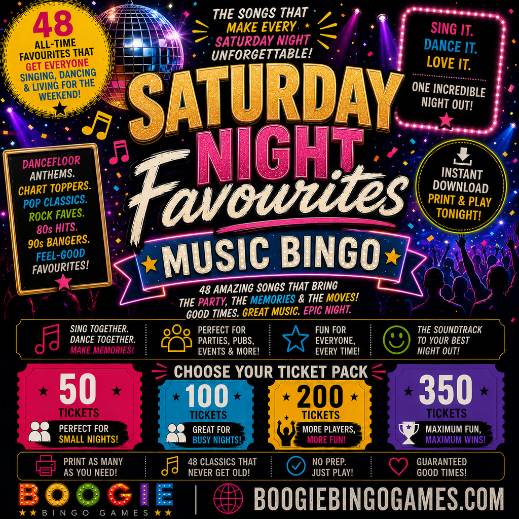 Saturday Night Favourites Music Bingo in 50, 100, 200 and 350 Ticket Options