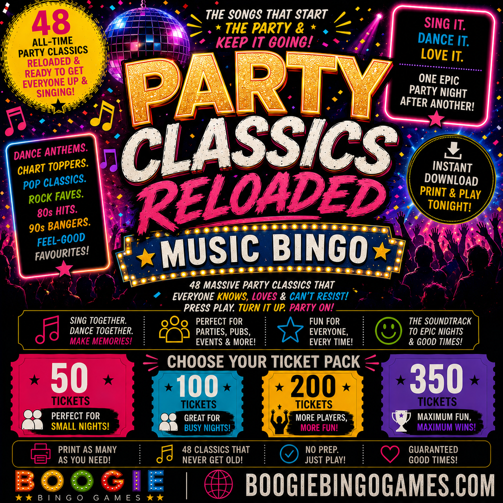 Party Classics Reloaded Music Bingo in 50, 100, 200 and 350 Ticket Options