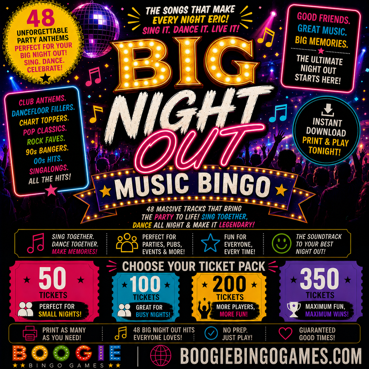Big Night Out Music Bingo in 50, 100, 200 and 350 Ticket Options