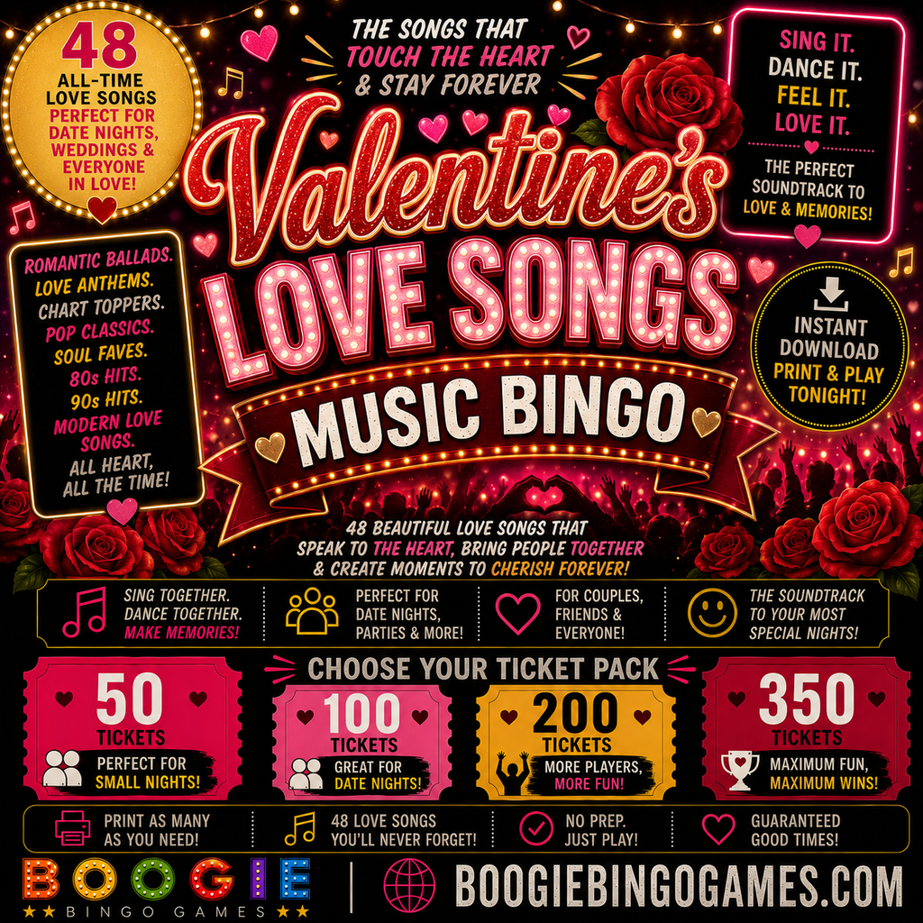 Valentine’s Love Songs Music Bingo in 50, 100, 200 and 350 Ticket Options