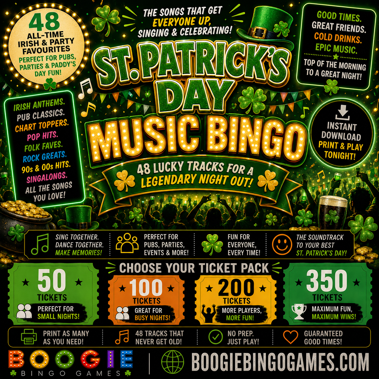 St Patrick's Day Music Bingo in 50, 100, 200 and 350 Ticket Options