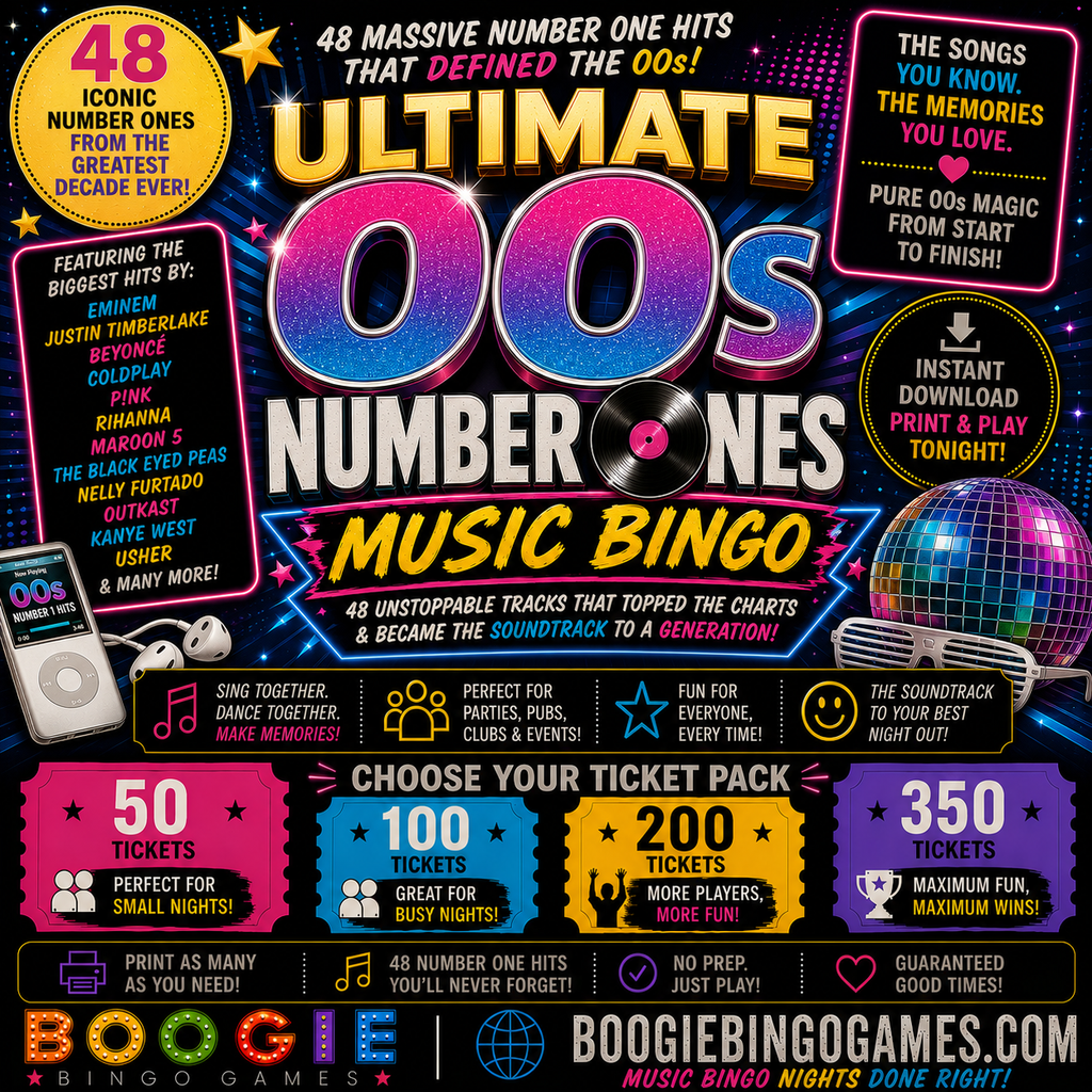 Ultimate 00s Number Ones Music Bingo in 50, 100, 200 and 350 Ticket Options