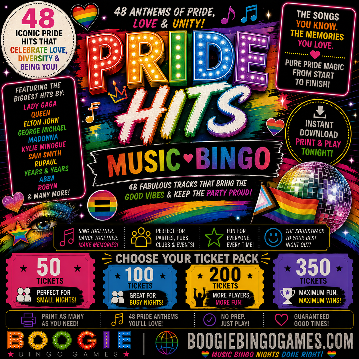Indie Hits Music Bingo- Available in 50, 100, 200 and 350 Ticket Options