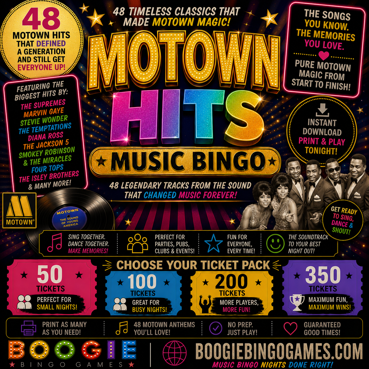 Motown Hits Music Bingo- Available in 50, 100, 200 and 350 Ticket Options