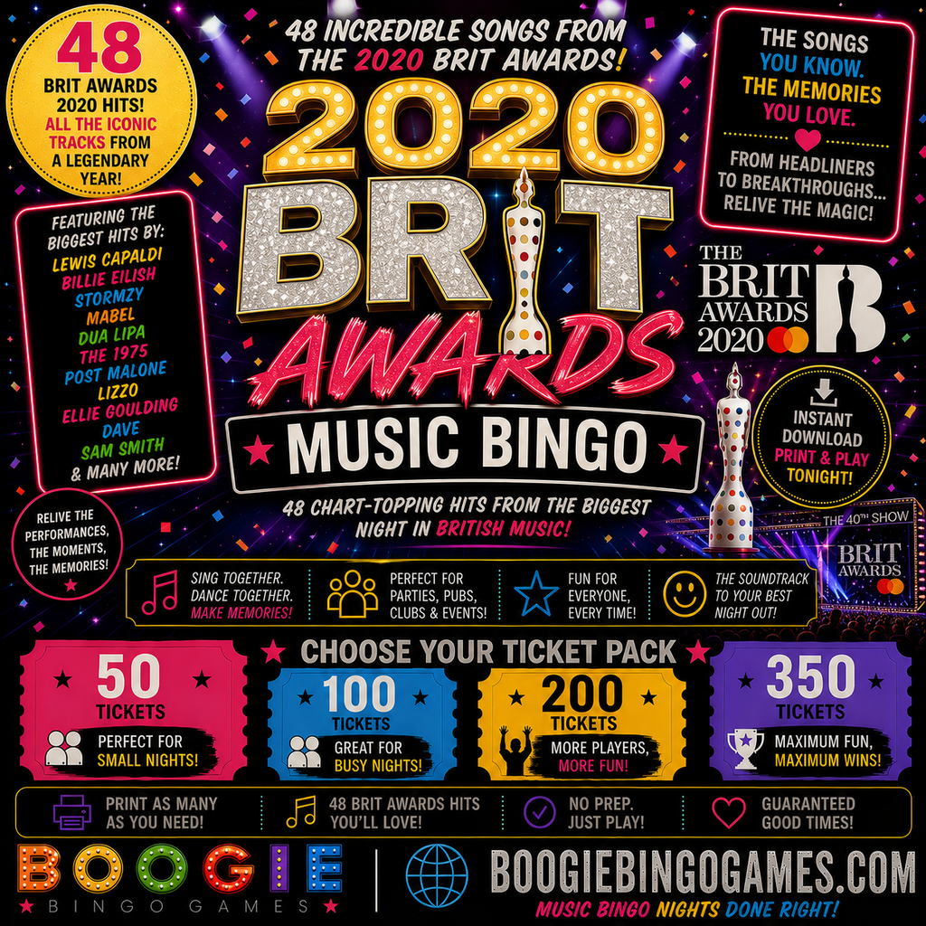2020 Brit Awards Music Bingo- Available in 50, 100, 200 and 350 Ticket Options