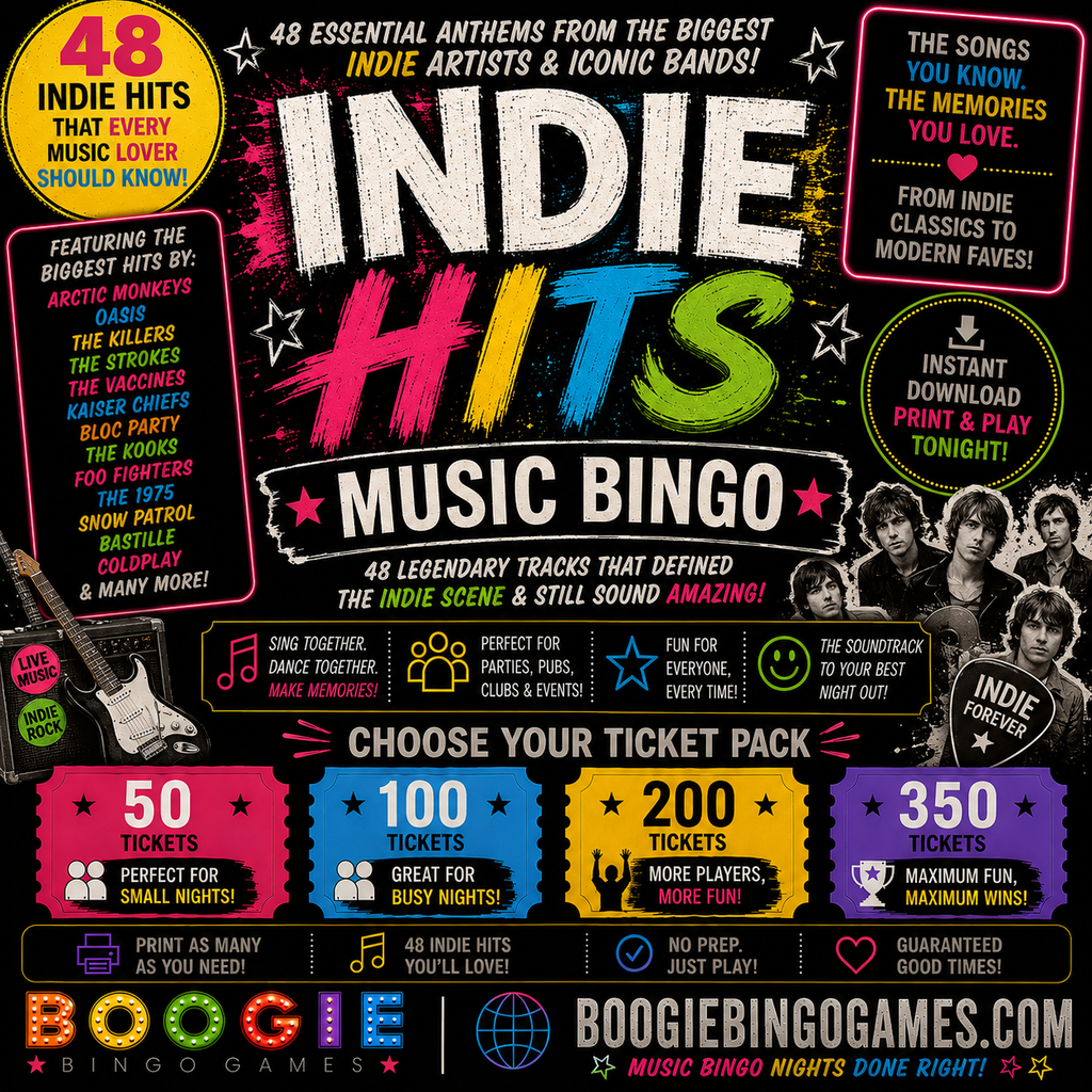 Indie Hits Music Bingo - Available in 50, 100, 200 and 350 Ticket Options