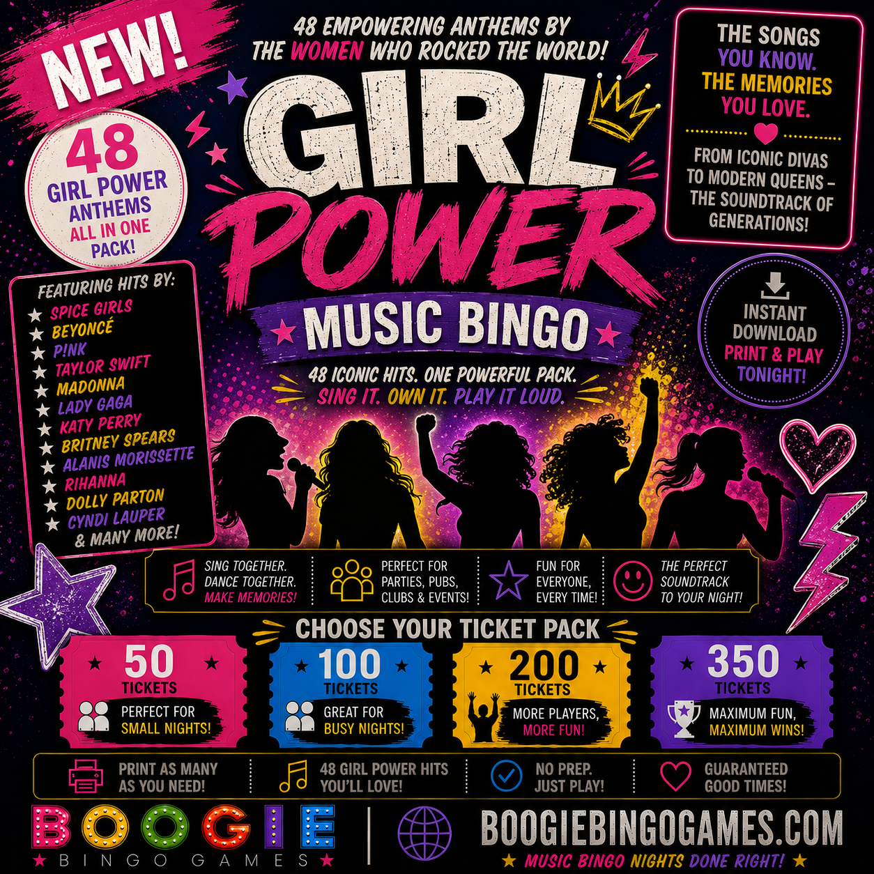 Girl Power Music Bingo - Available in 50, 100, 200 and 350 Ticket Options