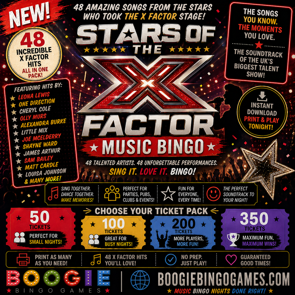 Stars Of The X Factor Music Bingo - Available in 50, 100, 200 and 350 Ticket Options