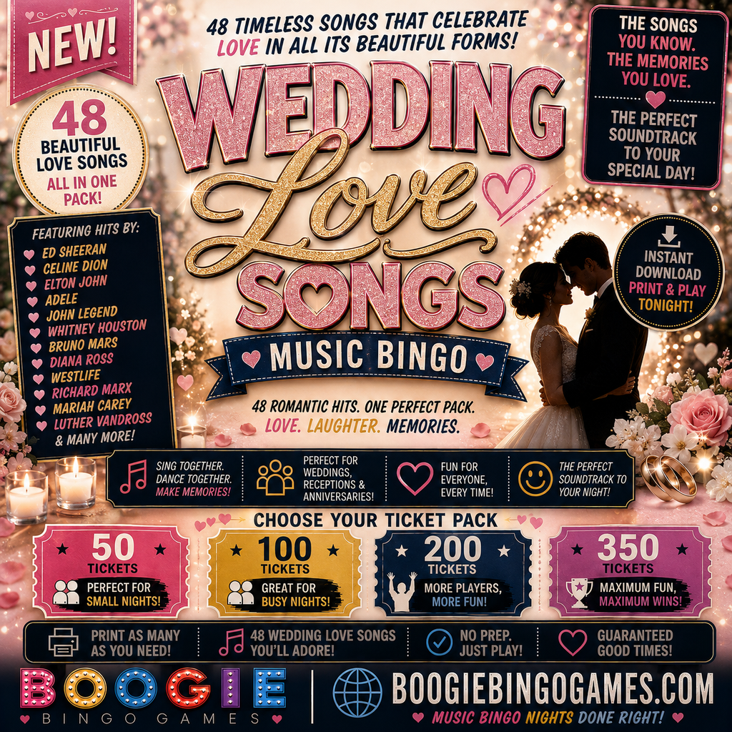 Wedding Love Songs Music Bingo - Available in 50, 100, 200 and 350 Ticket Options