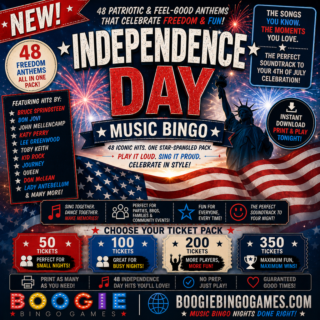 Independence Day Music Bingo - Available in 50, 100, 200 and 350 Ticket Options