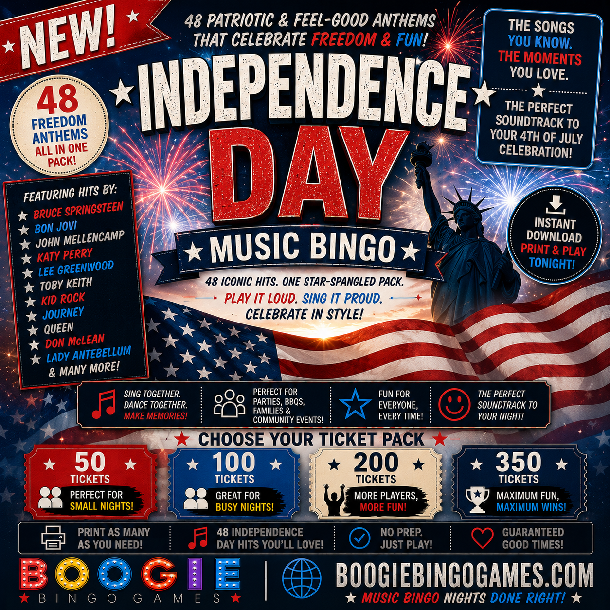 Independence Day Music Bingo - Available in 50, 100, 200 and 350 Ticket Options