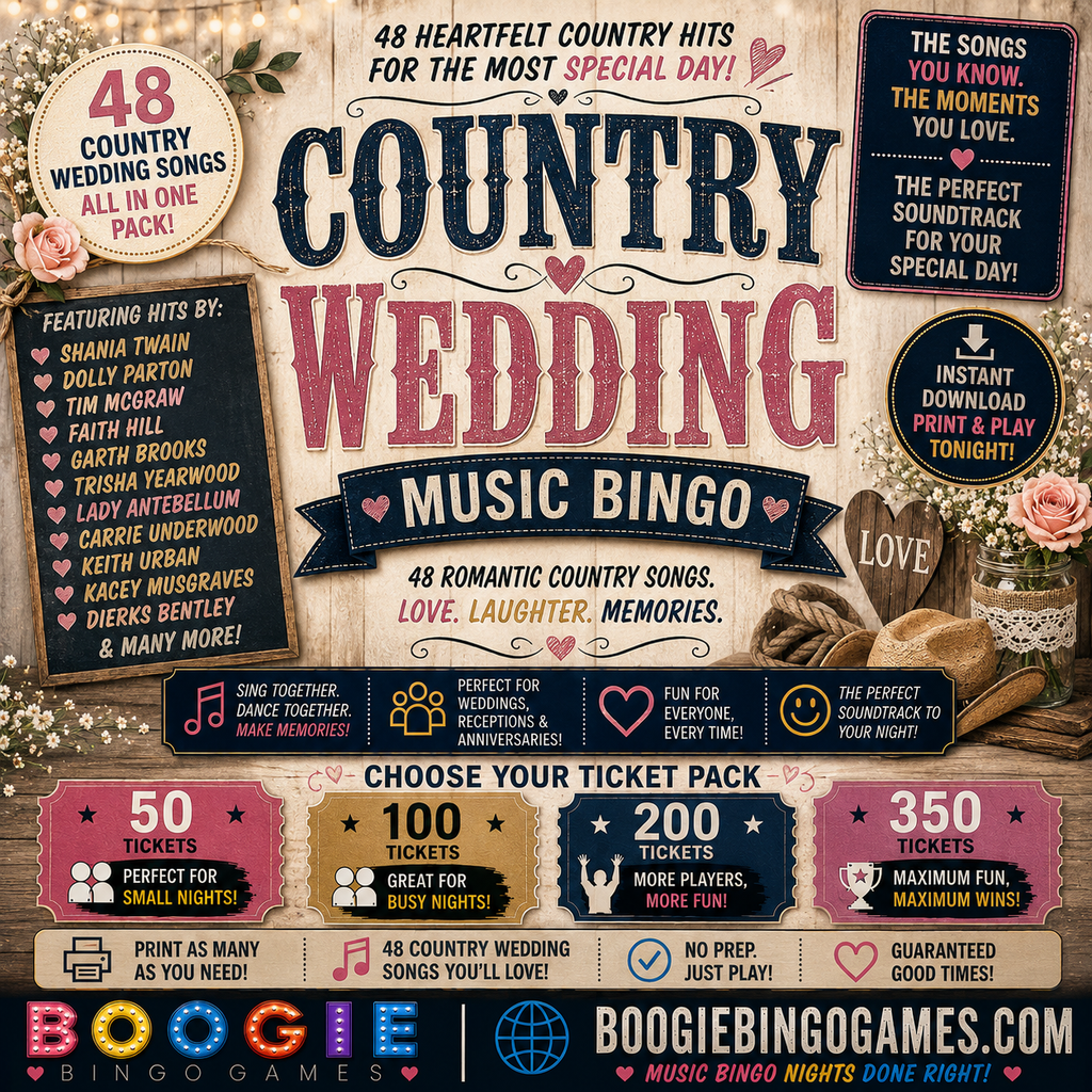 Country Wedding Music Bingo - Available in 50, 100, 200 and 350 Ticket Options
