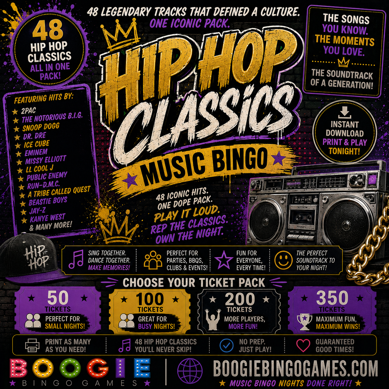 Hip Hop Classics Music Bingo - Available in 50, 100, 200 and 350 Ticket Options