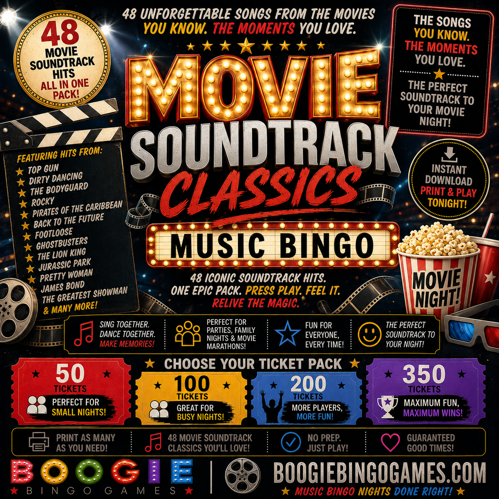 Movie Soundtrack Classics Music Bingo - Available in 50, 100, 200 and 350 Ticket Options