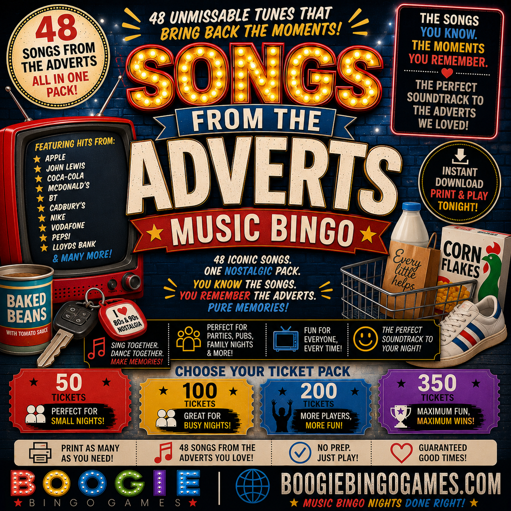 Songs From The Adverts Music Bingo - Available in 50, 100, 200 and 350 Ticket Options