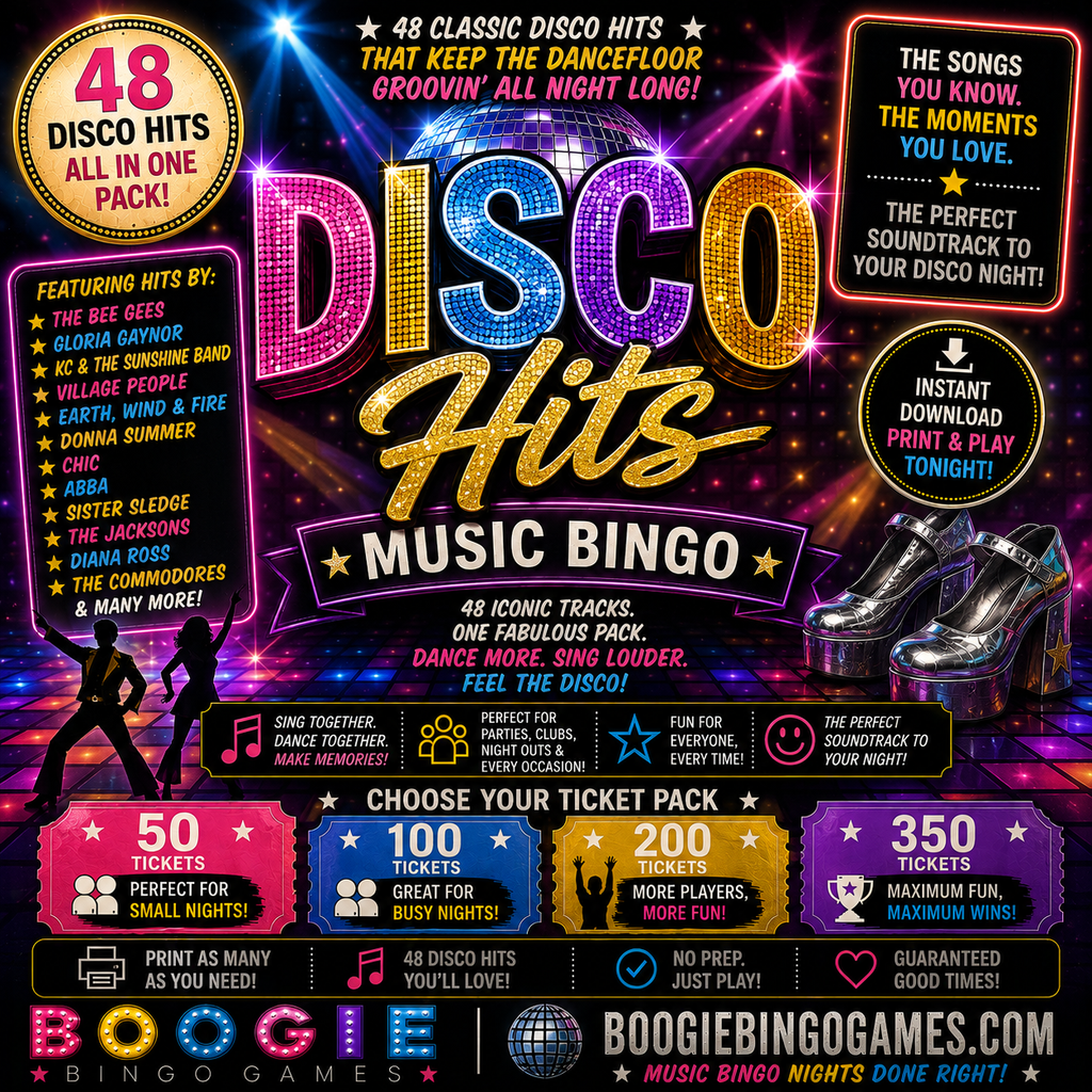 Disco Hits Music Bingo - Available in 50, 100, 200 and 350 Ticket Options