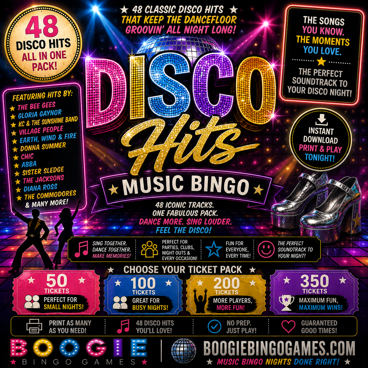 Disco Hits Music Bingo - Available in 50, 100, 200 and 350 Ticket Options