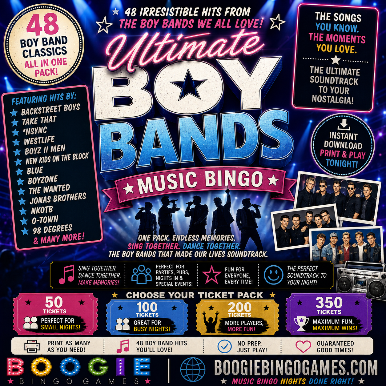 Ultimate Boy Bands Music Bingo - Available in 50, 100, 200 and 350 Ticket Options