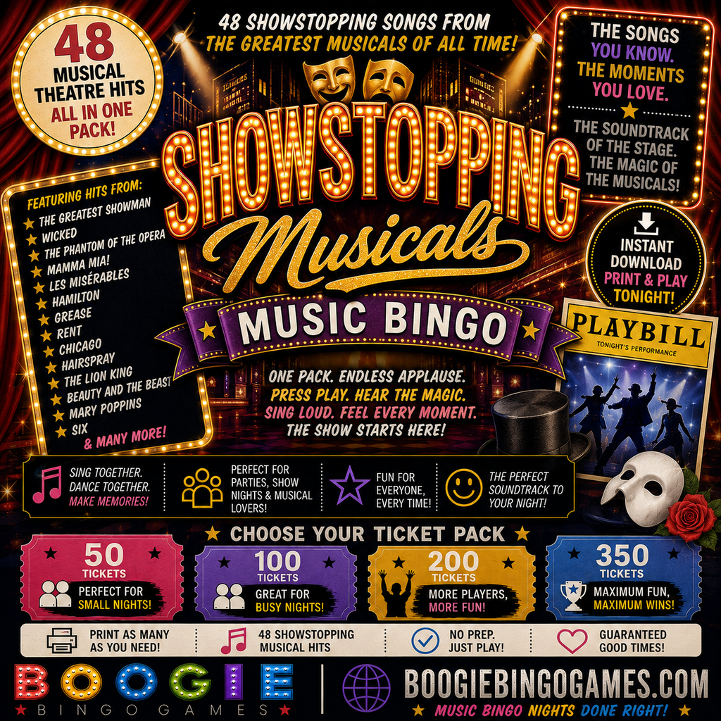 Showstopping Musicals Music Bingo - Available in 50, 100, 200 and 350 Ticket Options