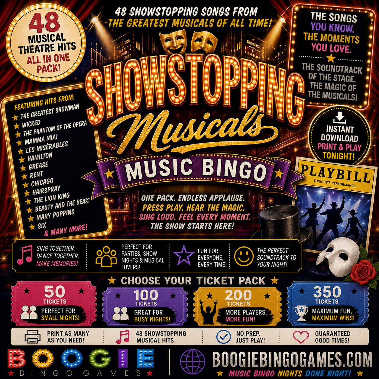 Showstopping Musicals Music Bingo - Available in 50, 100, 200 and 350 Ticket Options