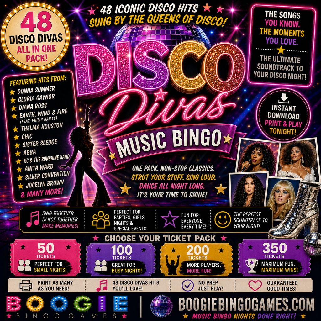Disco Divas Music Bingo - Available in 50, 100, 200 and 350 Ticket Options