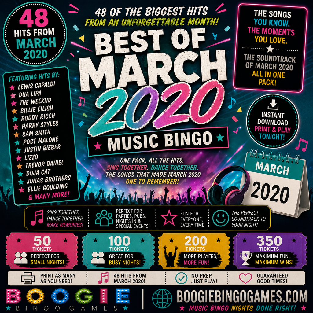 Best Of March 2020 Music Bingo - Available in 50, 100, 200 and 350 Ticket Options