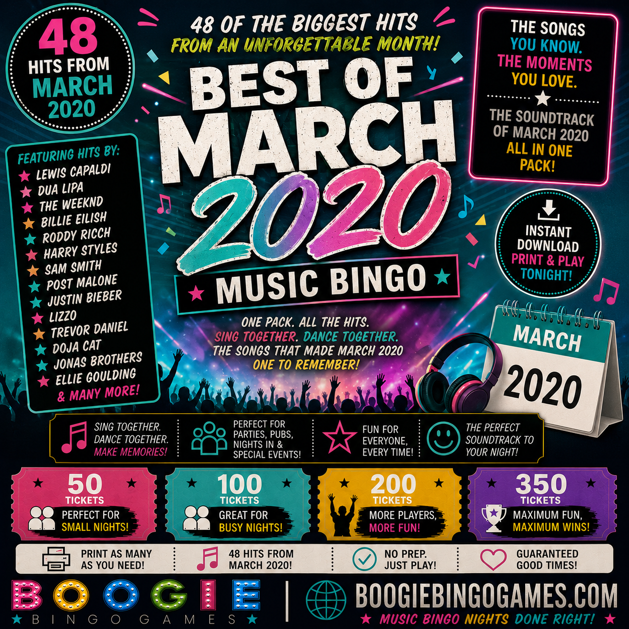 Best Of March 2020 Music Bingo - Available in 50, 100, 200 and 350 Ticket Options