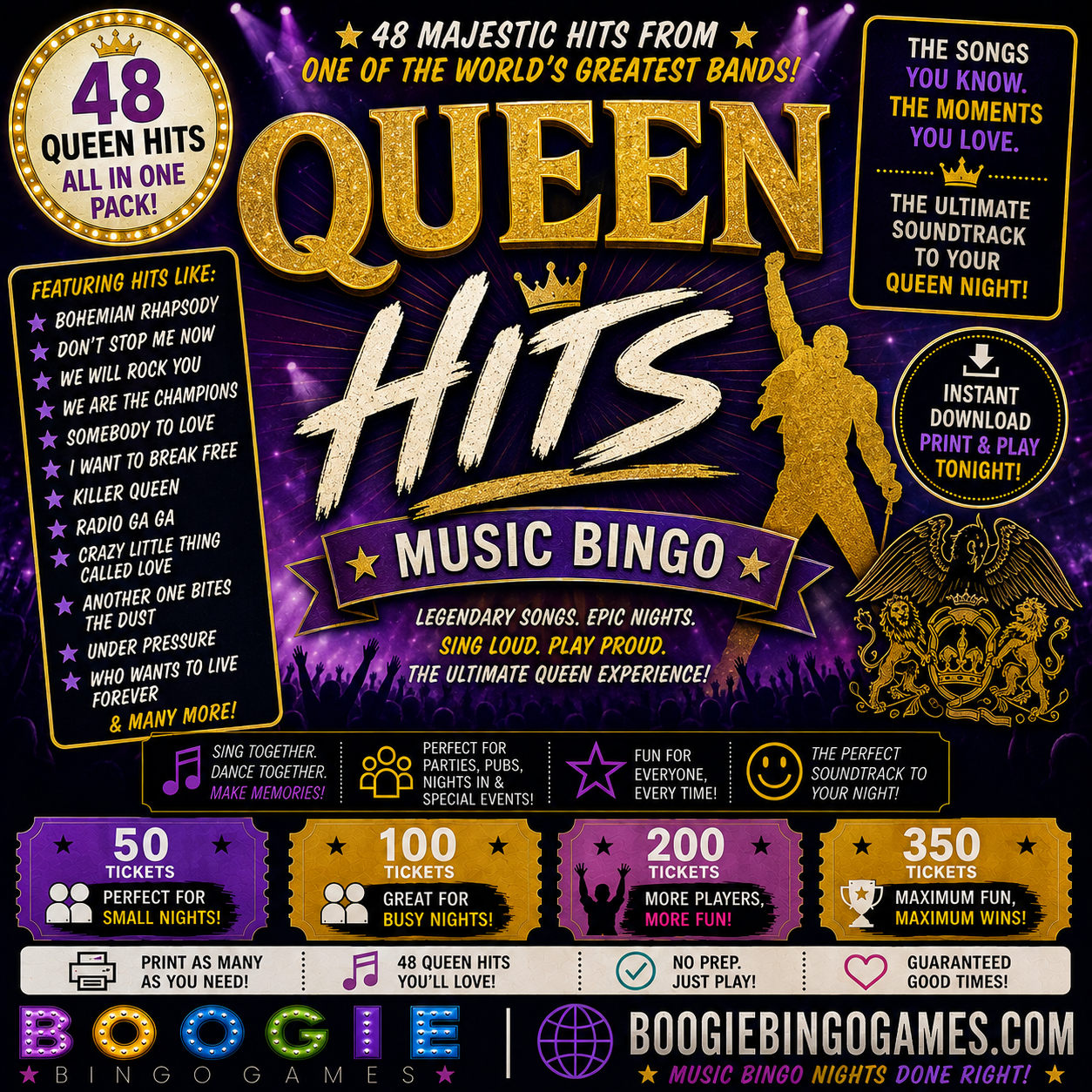 Queen Hits Music Bingo - Available in 50, 100, 200 and 350 Ticket Options