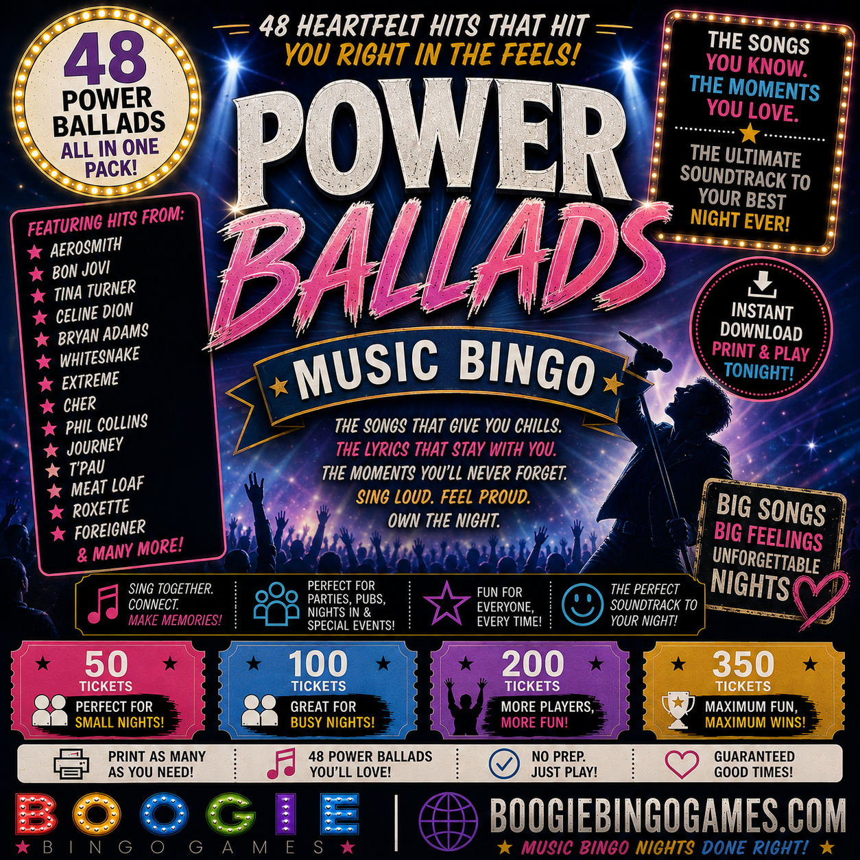 Power Ballads Music Bingo - Available in 50, 100, 200 and 350 Ticket Options