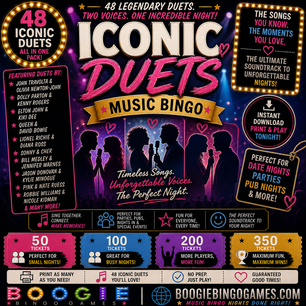 Iconic Duets Music Bingo - Available in 50, 100, 200 and 350 Ticket Options